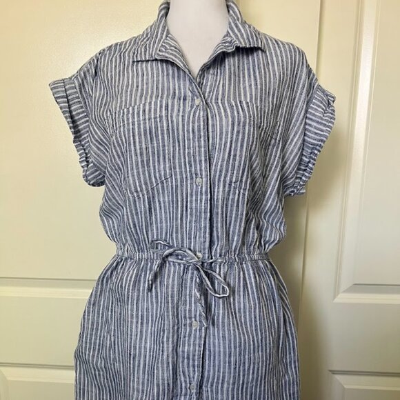 JAPNA Blue White Striped Button Front Elastic Waist Dress Blouson Top Size Large - Picture 1 of 9